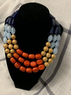 Multi-Strand Statement Necklace in Navy, Light Blue, Gold & Red
